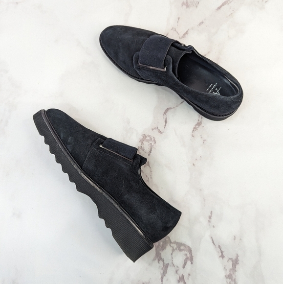 Aquatalia Loafer Size 9 Monk Strap Black Suede Shoe Pointed Almond Toe Platform - Picture 1 of 12